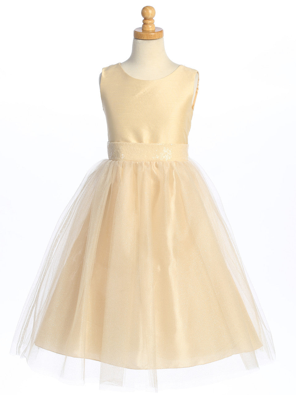 Champagne Shantung and Sparkle Tulle Dress with Sequin Sash - BL255-CHAM