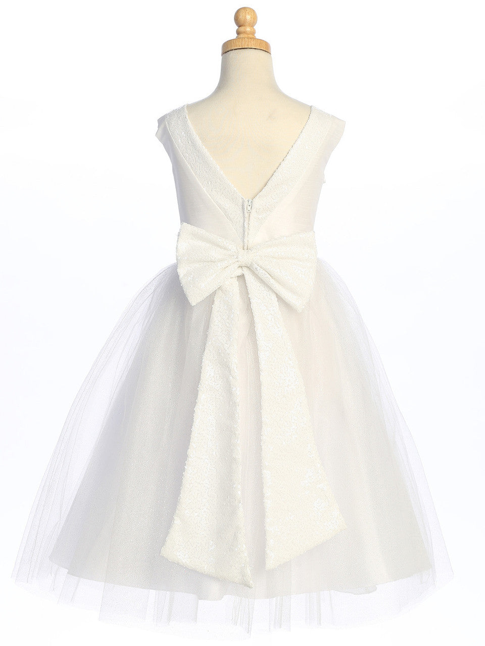 White Shantung and Sparkle Tulle Dress with Sequin Sash - BL255-WHT
