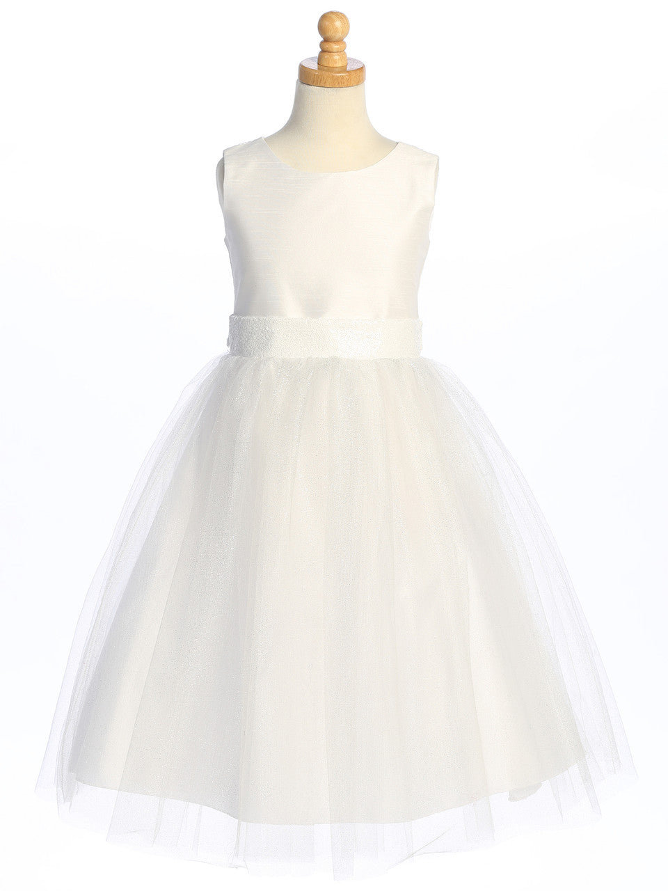 White Shantung and Sparkle Tulle Dress with Sequin Sash - BL255-WHT