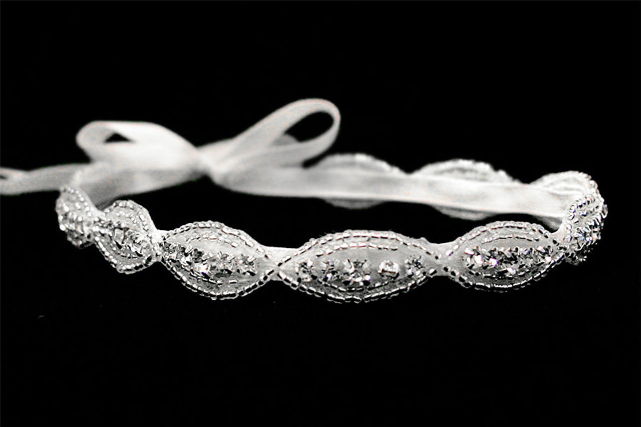 White Rhinestone Ribbon Tie Headband - BT0010