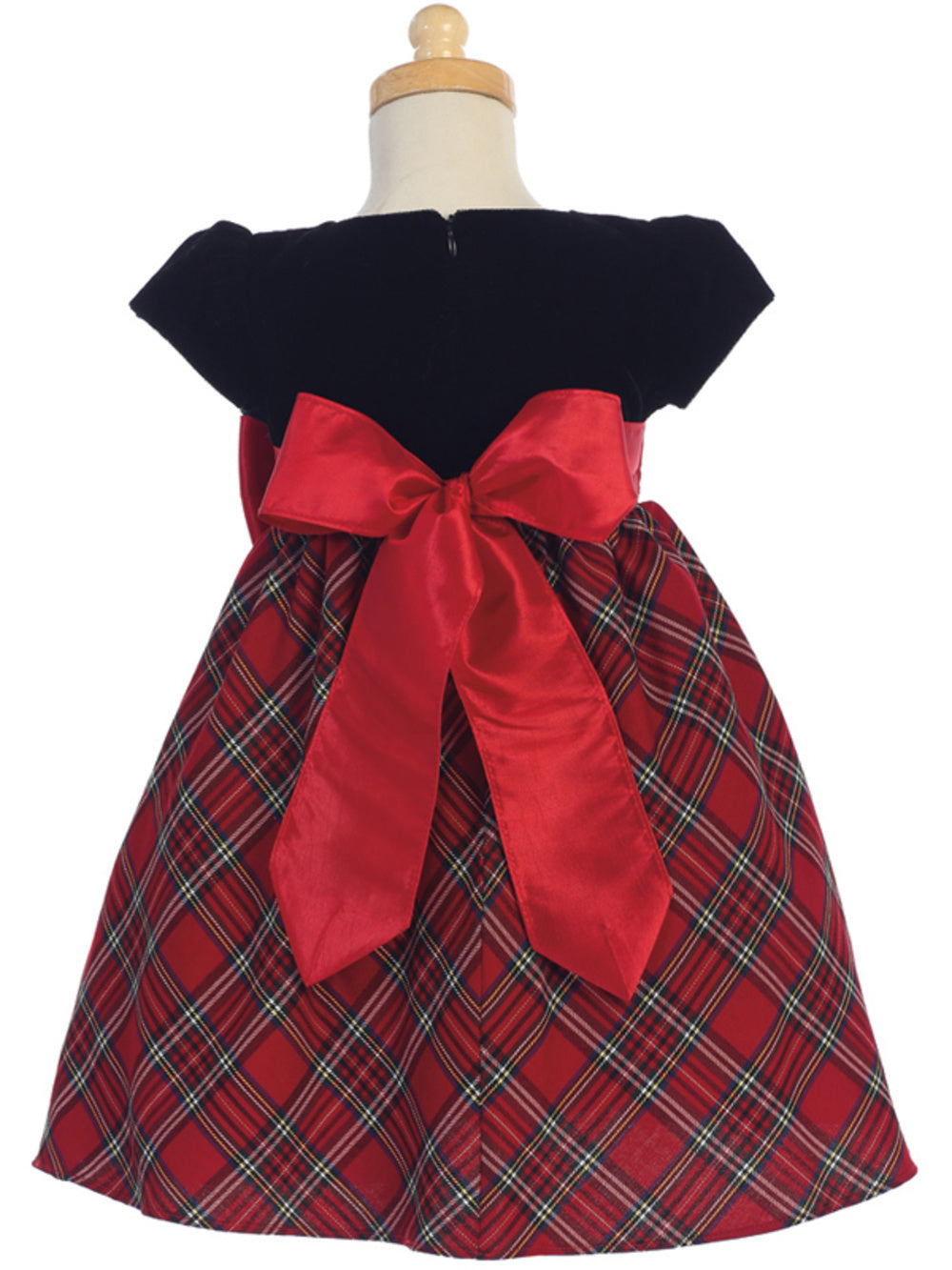 Velvet and Red Plaid Holiday Dress with Red Satin Bow - C510R