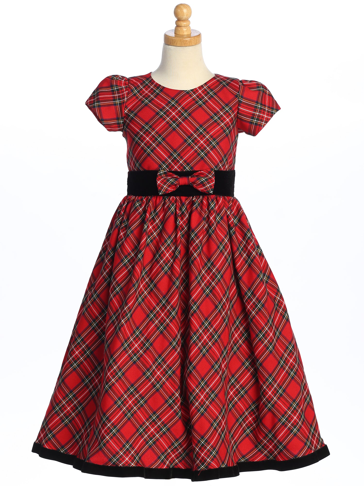 Red Plaid Holiday Dress with Black Velvet Trim - C813-R 7 Red Plaid Holiday Dress with Black Velvet Trim - C813-R 7