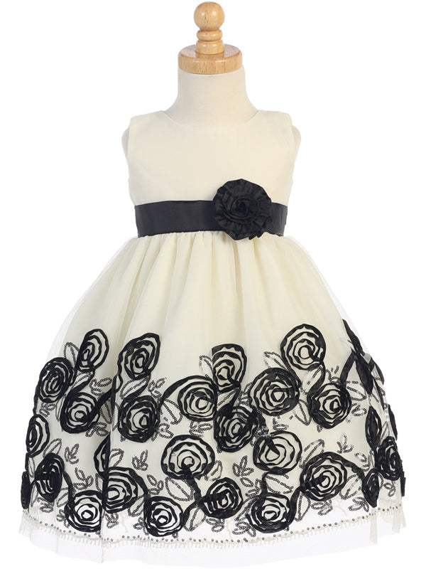 Tulle Holiday Dress with Black Satin Ribbon Flowers C-988B