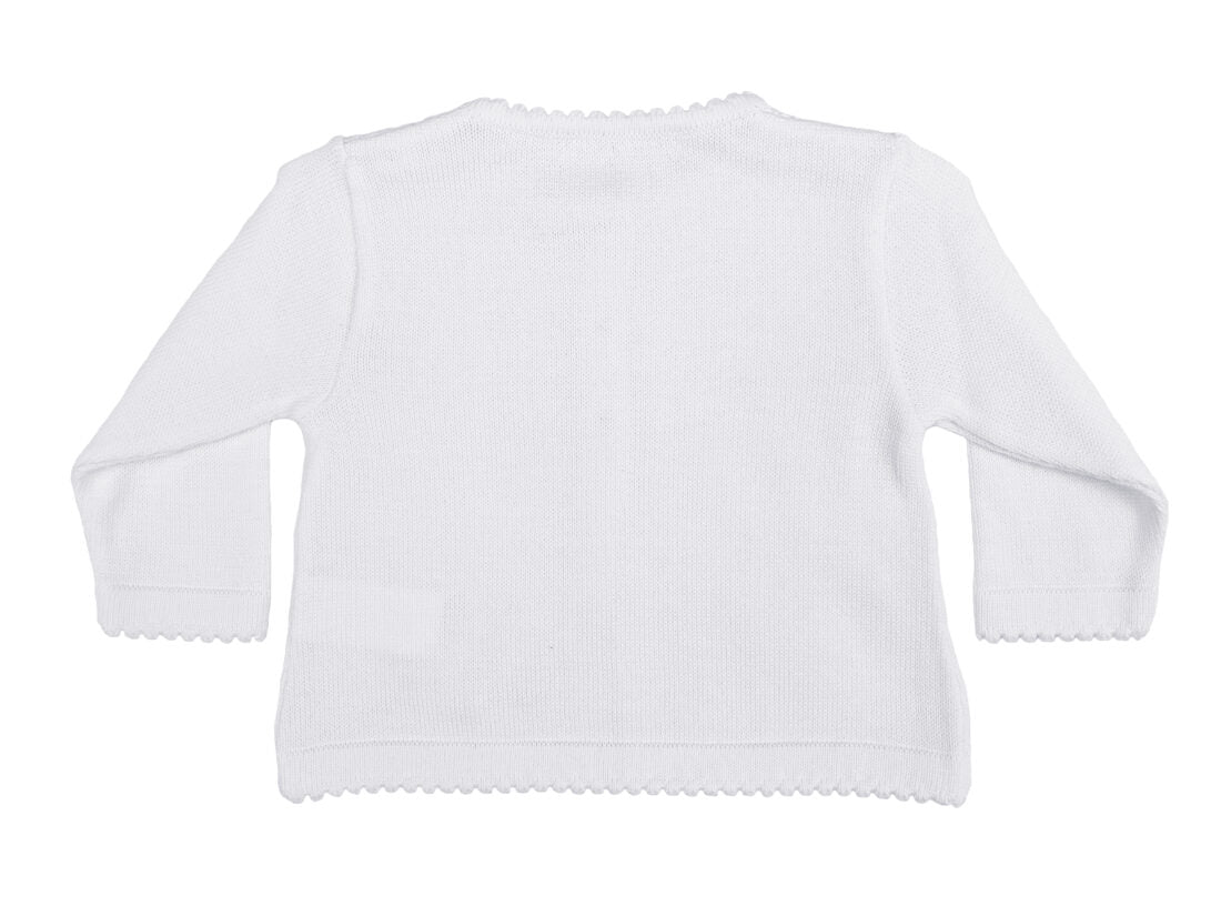 Girls White 100% Cotton Sweater with Diamond Knit Bodice and Rosebud Trim - LTMAL-CKGRLS2