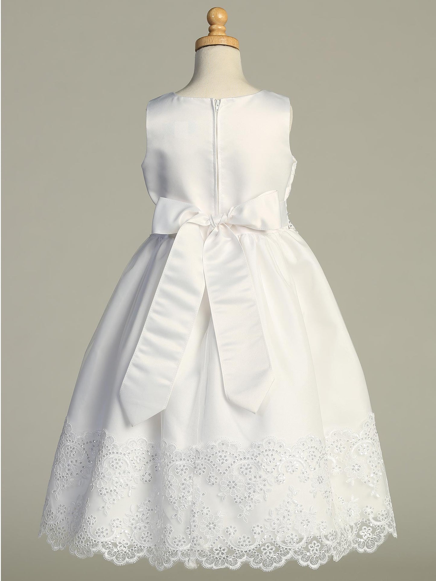Satin First Communion Dress with Corded Embroidered Tulle and Sequins - SP210