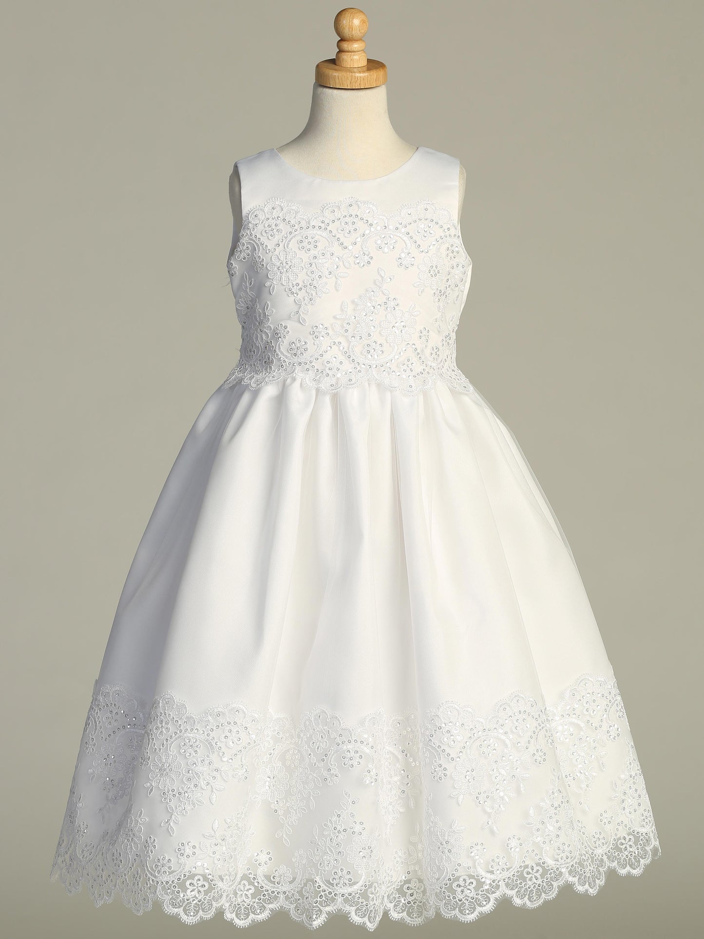 Satin First Communion Dress with Corded Embroidered Tulle and Sequins - SP210
