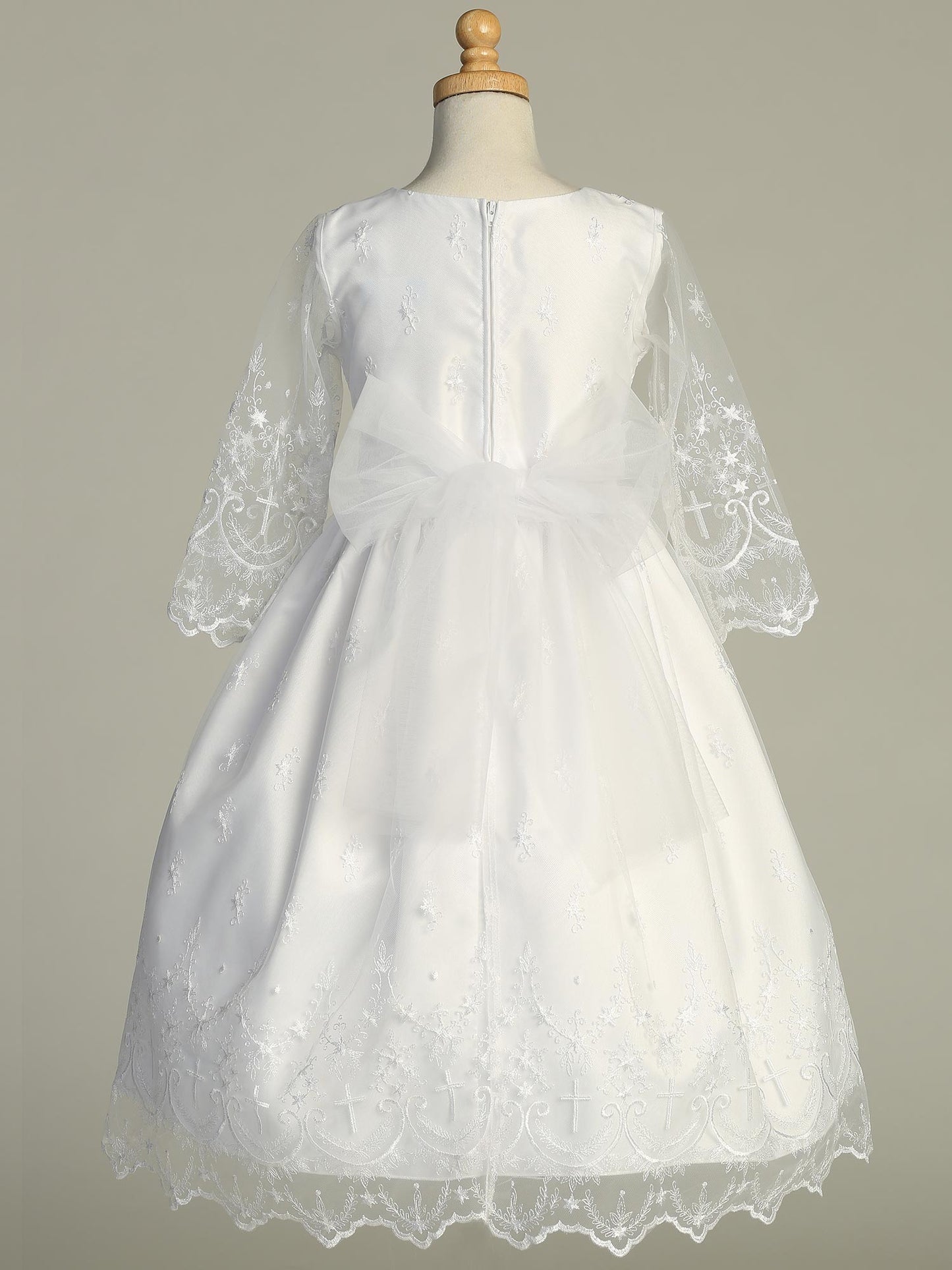 Long Sleeve First Communion Dress with Embroidered Tulle and Cross Designs - SP211