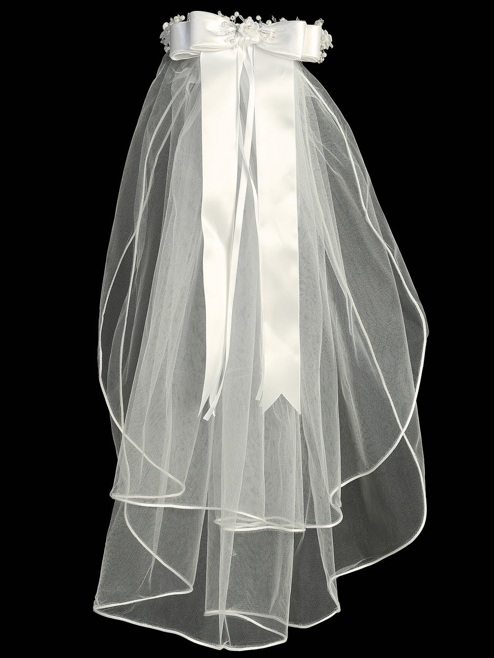 First Communion Veil with Satin Flowers and Beads T-20