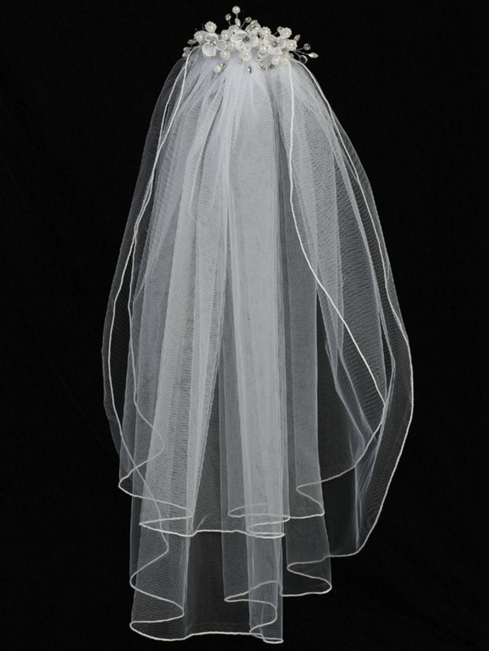 Organza Flower and Pearl First Communion Comb with Veil - T-300