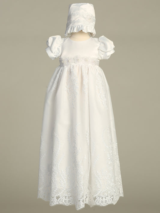 Willow Embroidered Tulle Long Christening Gown and Bonnet