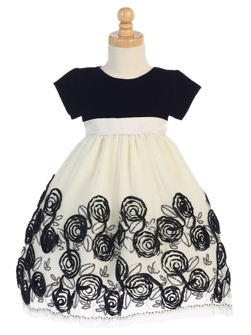 Velvet and Tulle Holiday Dress with Black Satin Ribbon Flowers C-989B