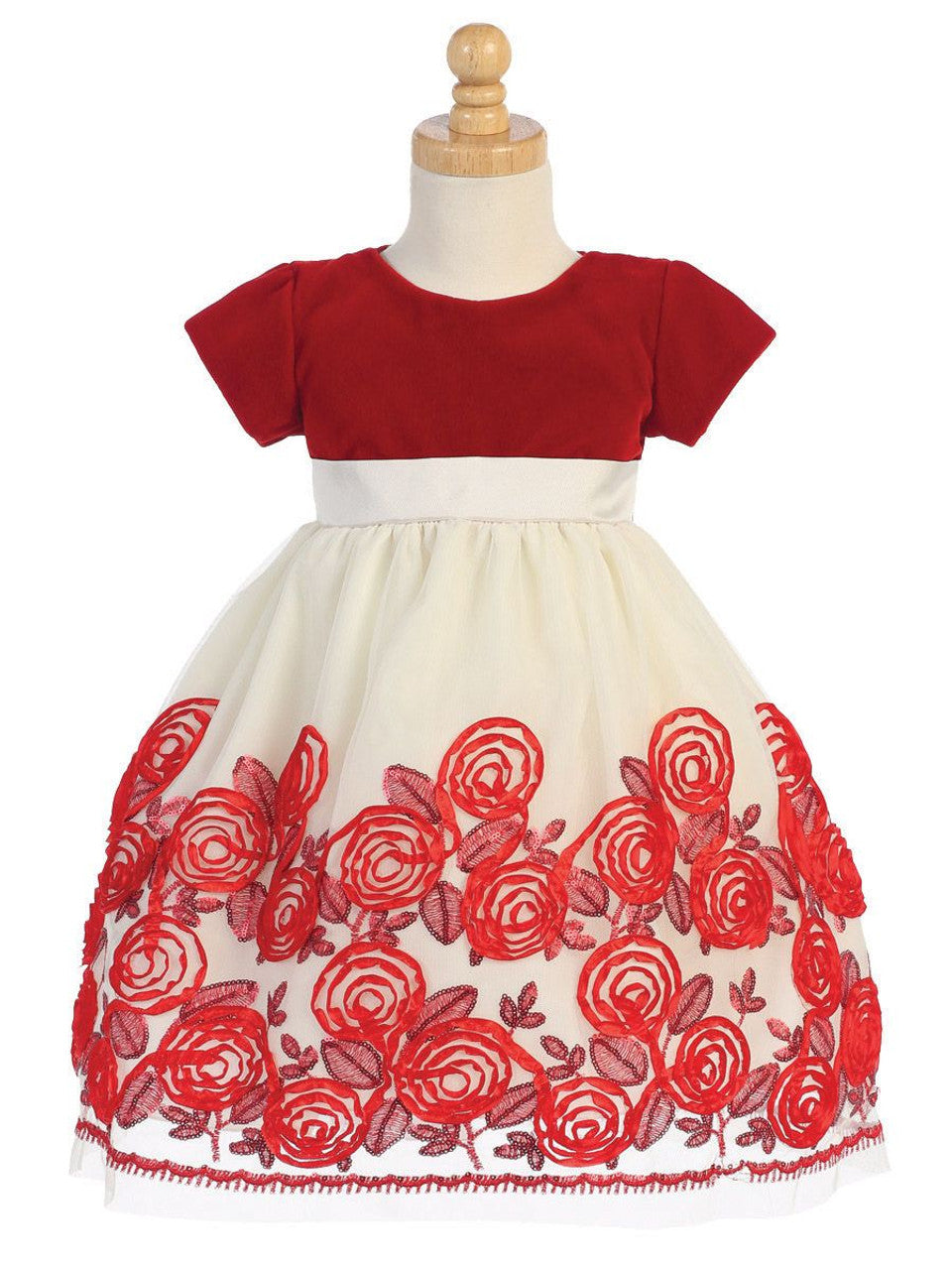 Velvet and Tulle Holiday Dress with Red Satin Ribbon Flowers C-989R