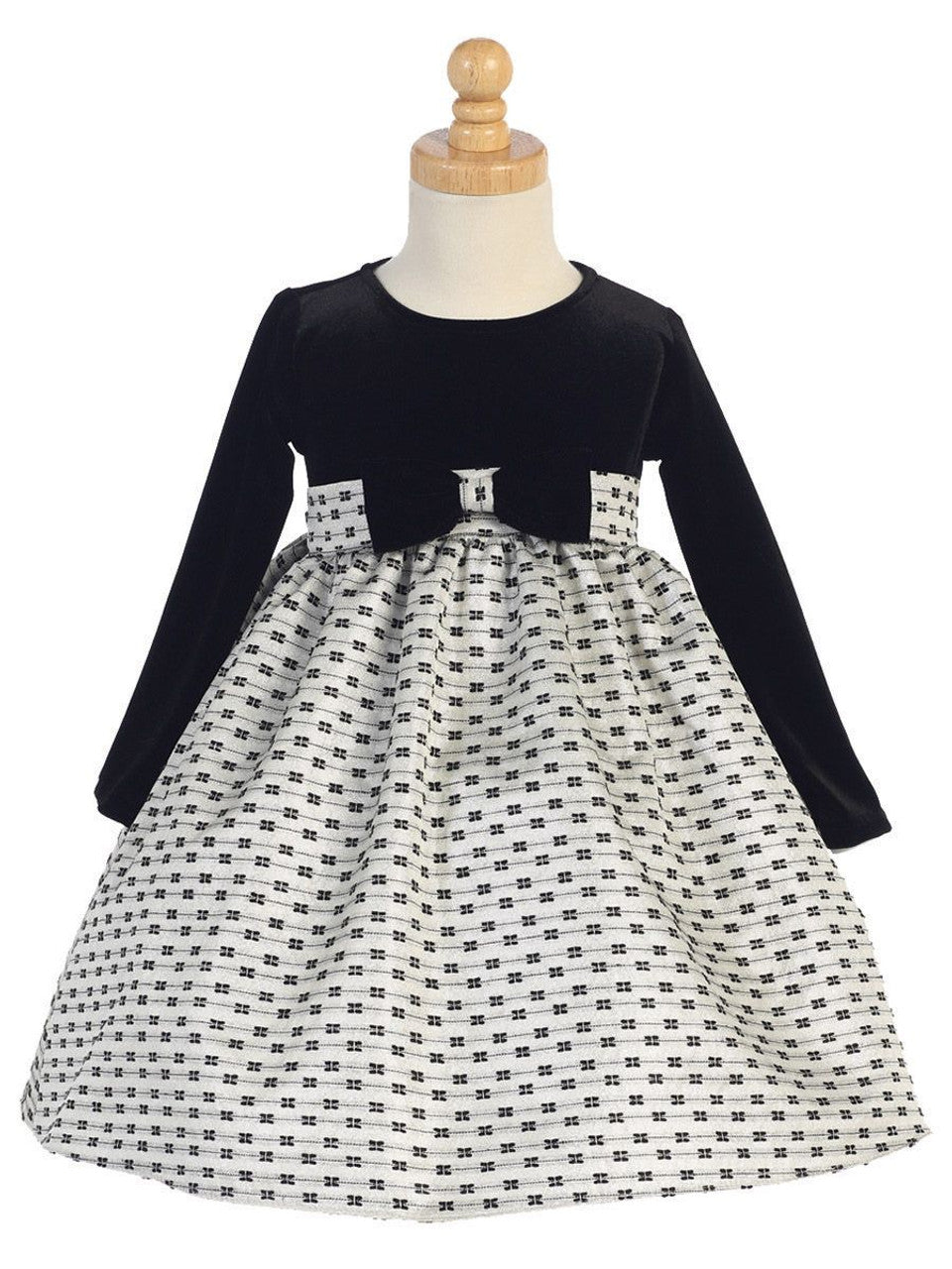 Stretch Velvet & Silver Jacquard Holiday Dress with Bows Design C-991S