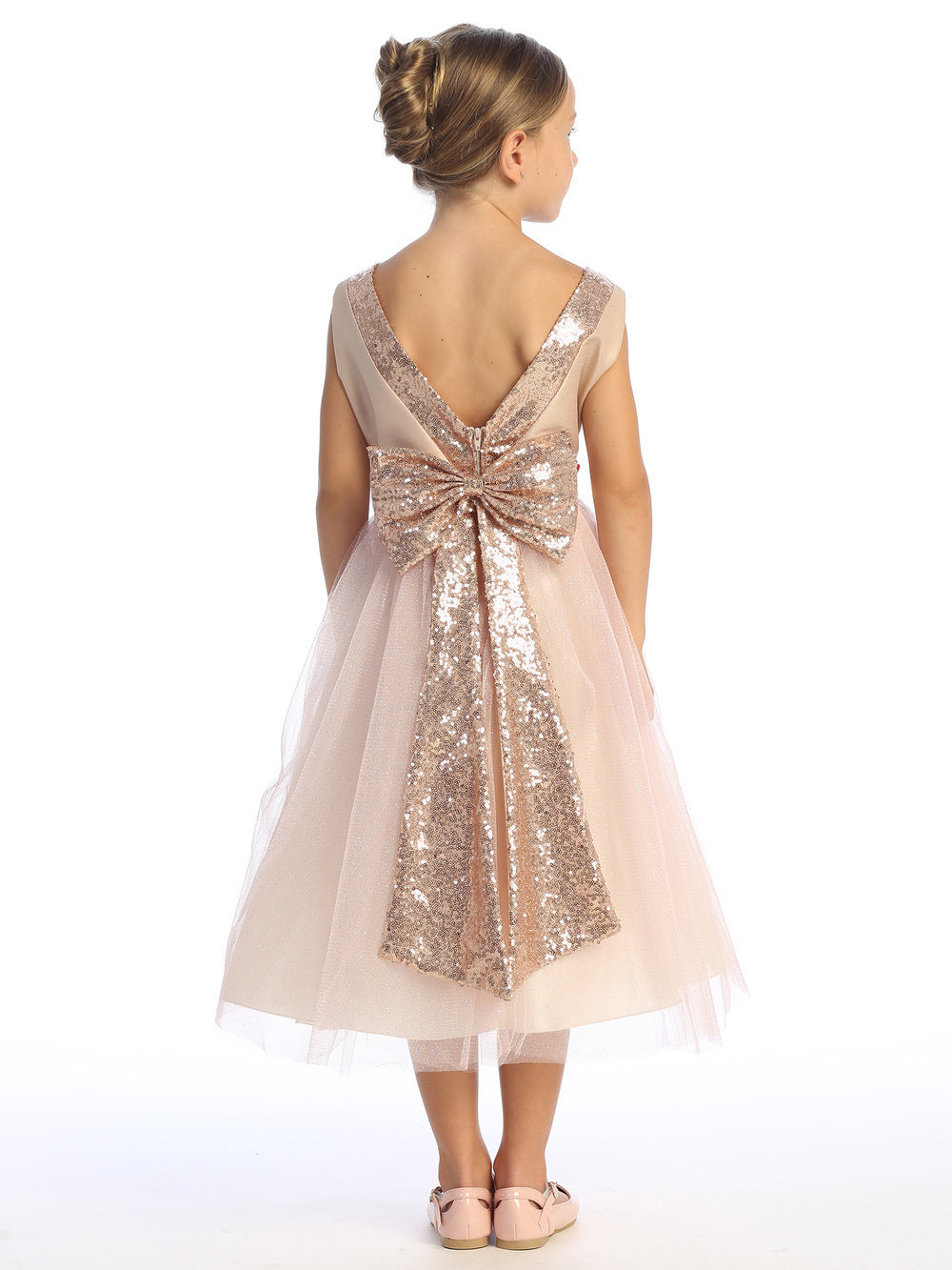 Blush Pink Shantung and Sparkle Tulle Dress with Sequin Sash - BL255-BLSH 6 Blush Pink Shantung and Sparkle Tulle Dress with Sequin Sash - BL255-BLSH 6