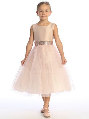 Blush Pink Shantung and Sparkle Tulle Dress with Sequin Sash - BL255-BLSH