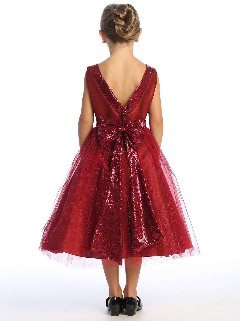 Burgundy Shantung and Sparkle Tulle Dress with Sequin Sash - BL255-BURG