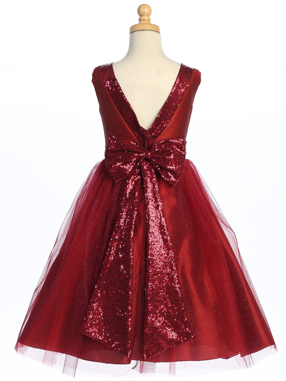 Burgundy Shantung and Sparkle Tulle Dress with Sequin Sash - BL255-BURG