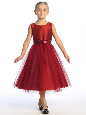 Burgundy Shantung and Sparkle Tulle Dress with Sequin Sash - BL255-BURG