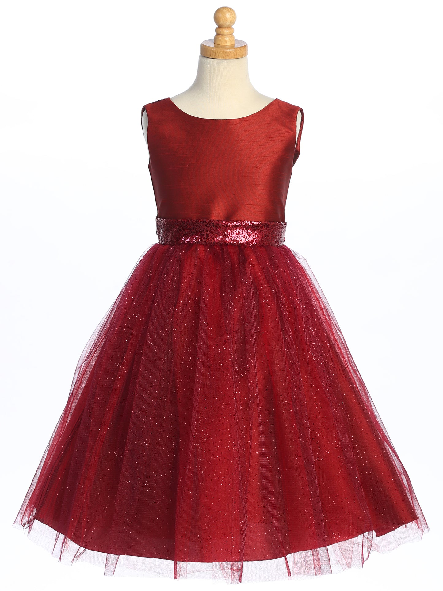 Burgundy Shantung and Sparkle Tulle Dress with Sequin Sash - BL255-BURG