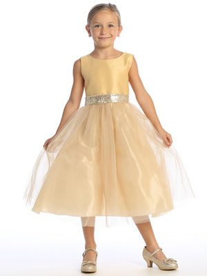Gold Shantung and Sparkle Tulle Dress with Sequin Sash - BL255-GOLD