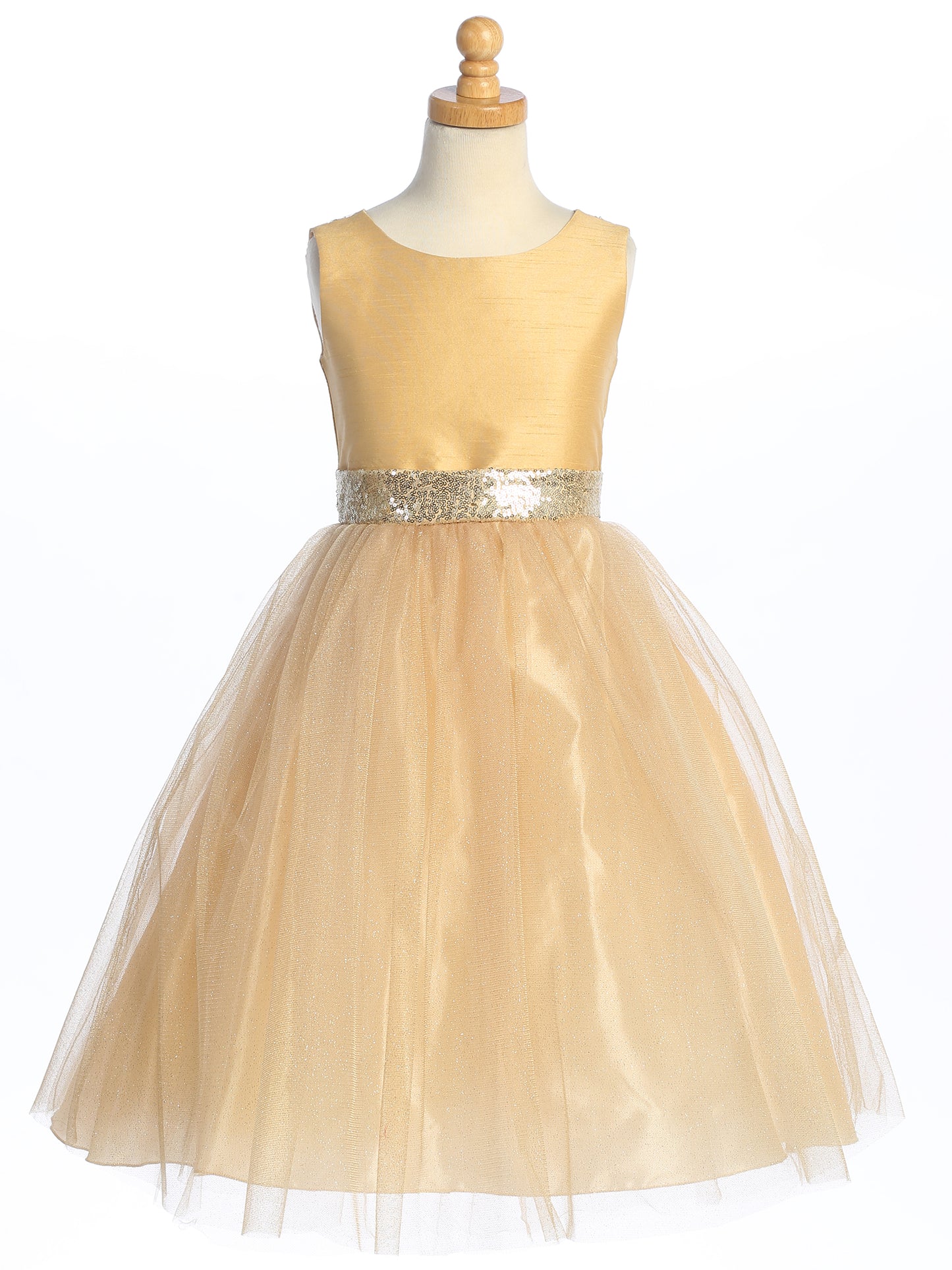 Gold Shantung and Sparkle Tulle Dress with Sequin Sash - BL255-GOLD