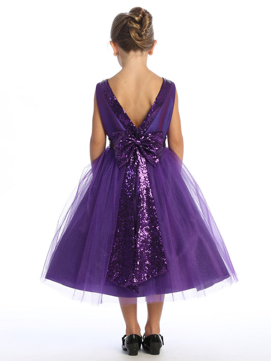 Purple Shantung and Sparkle Tulle Dress with Sequin Sash - BL255-PRPL