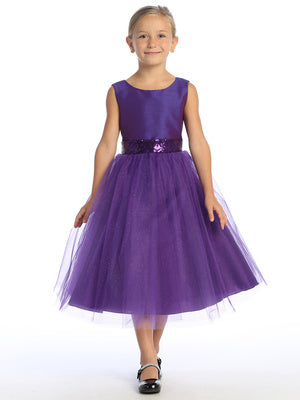 Purple Shantung and Sparkle Tulle Dress with Sequin Sash - BL255-PRPL