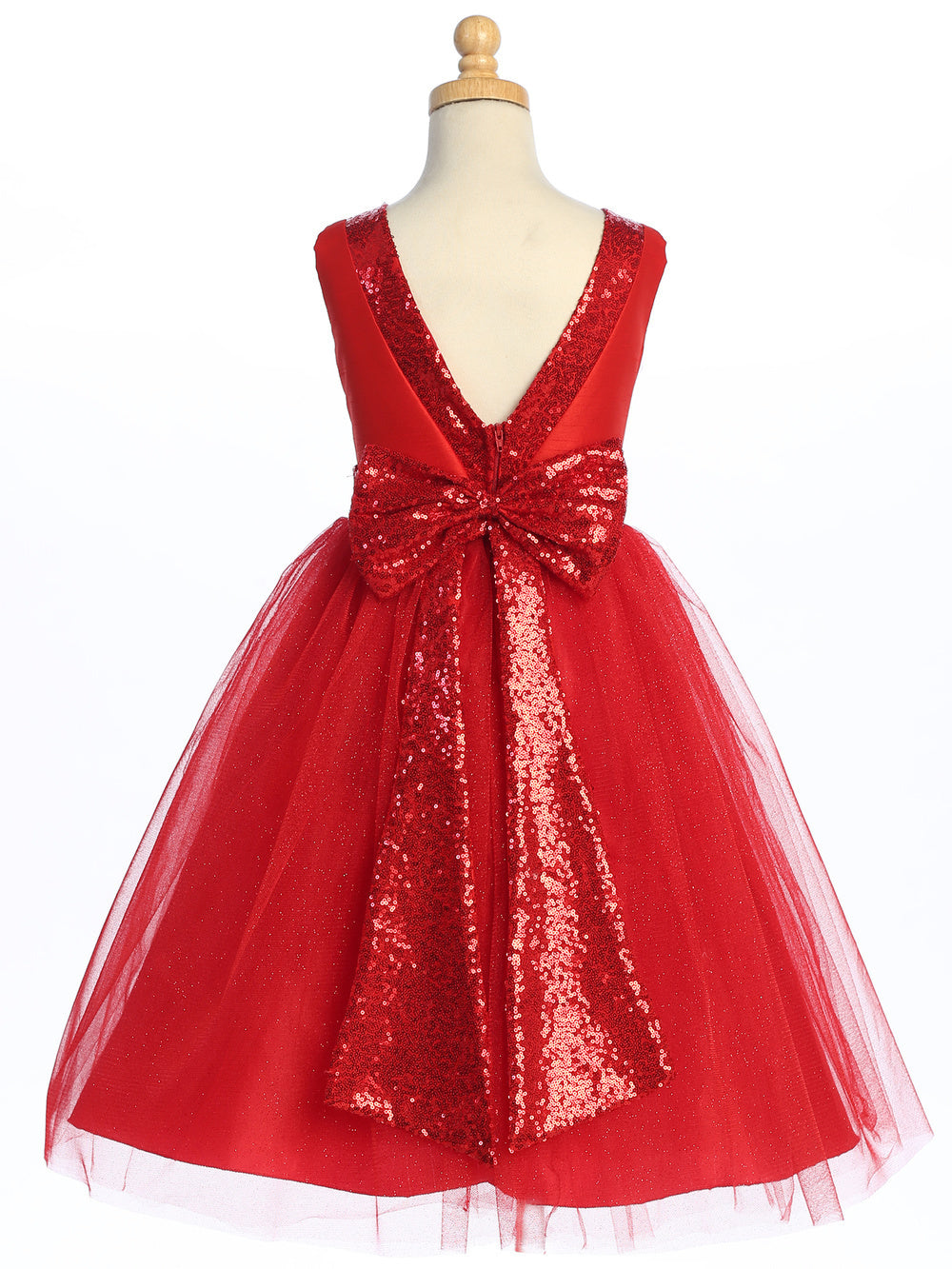 Red Shantung and Sparkle Tulle Dress with Sequin Sash - BL255-RED