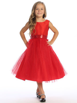 Red Shantung and Sparkle Tulle Dress with Sequin Sash - BL255-RED