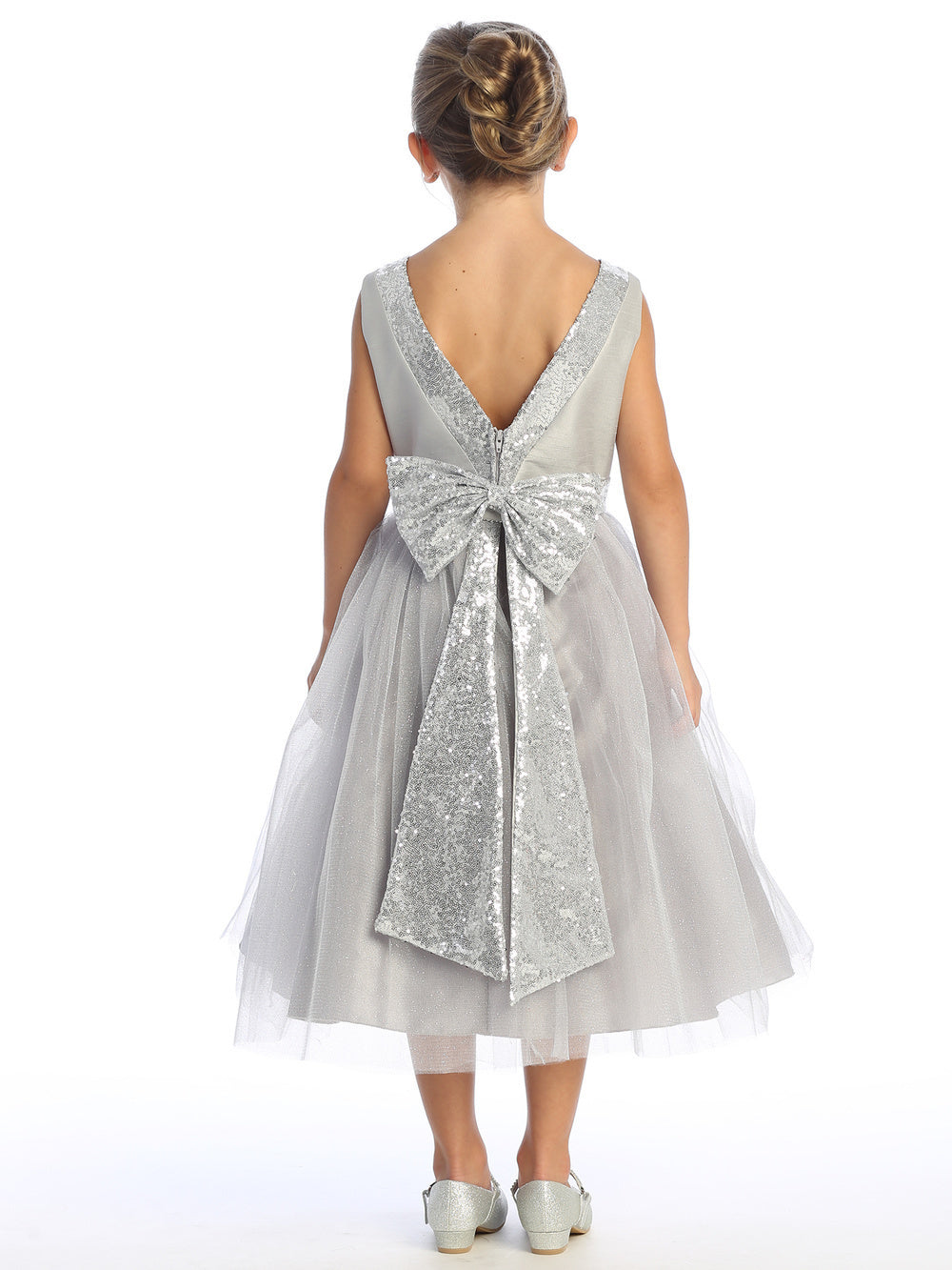 Silver Shantung and Sparkle Tulle Dress with Sequin Sash - BL255-SLVR