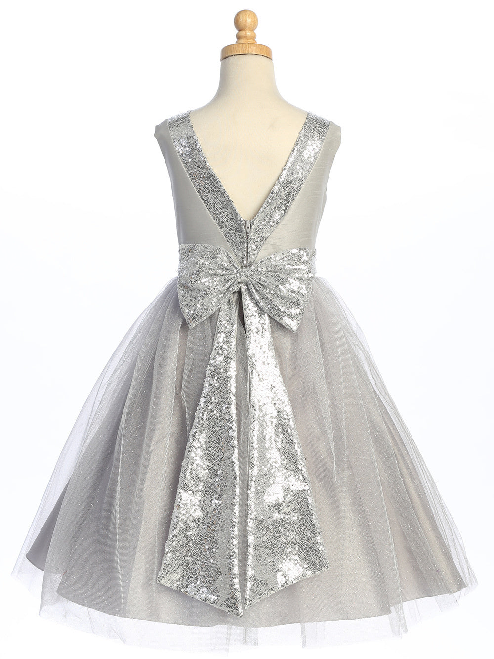 Silver Shantung and Sparkle Tulle Dress with Sequin Sash - BL255-SLVR