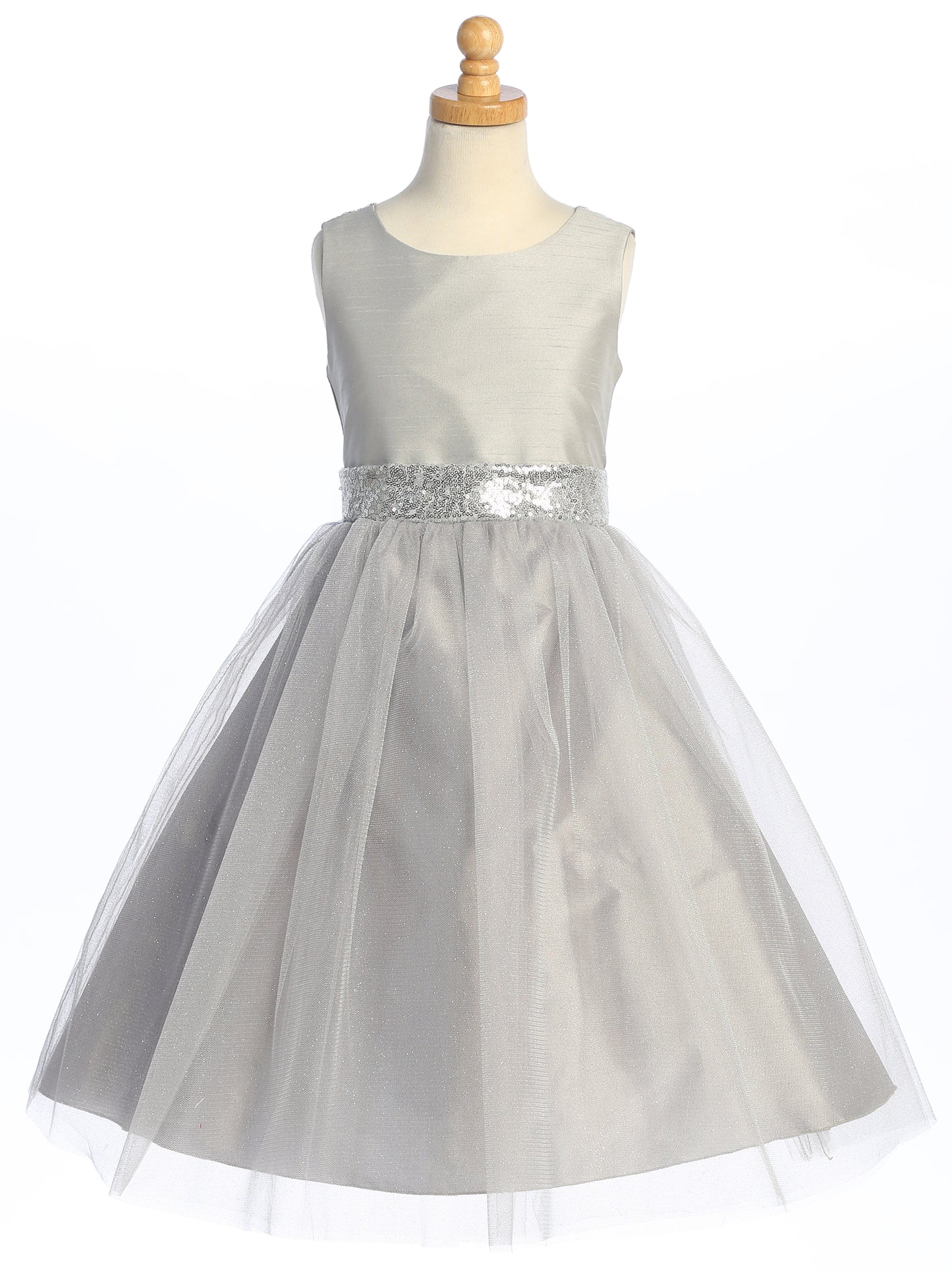 Silver Shantung and Sparkle Tulle Dress with Sequin Sash - BL255-SLVR