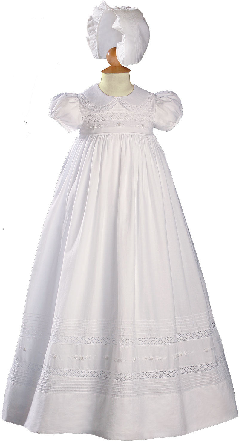 Girls 33 inch White Cotton Short Sleeve Christening Baptism Gown with Floral Hand Embroidery LTML-CA55GS