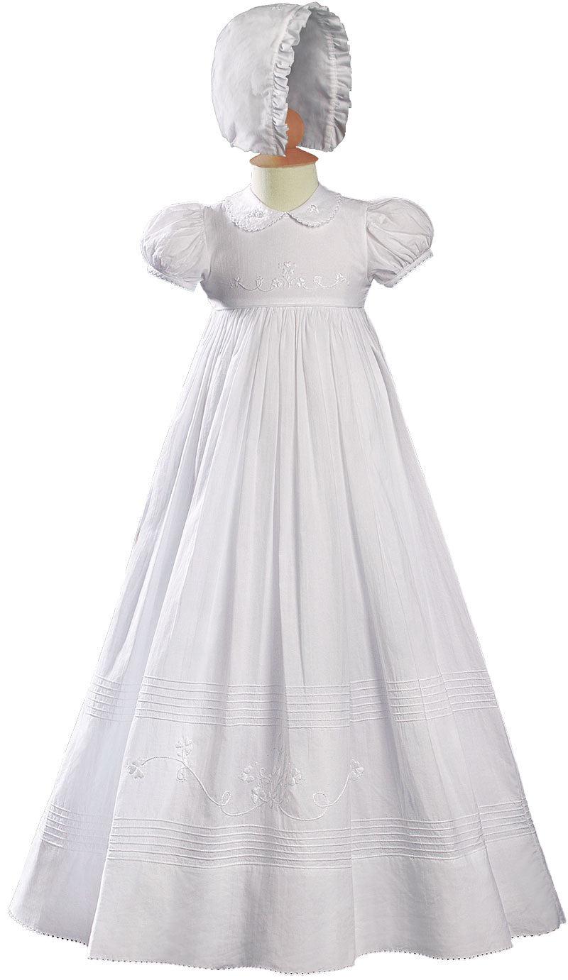 Girls 32 inch White Cotton Short Sleeve Christening Baptism Gown with Floral Shamrock Embroidery LTML-CASHGS