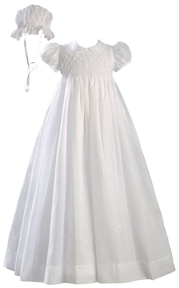 Girls White 32 inch Hand Smocked Polycotton Batiste Christening Baptism Gown LTML-CO06GS