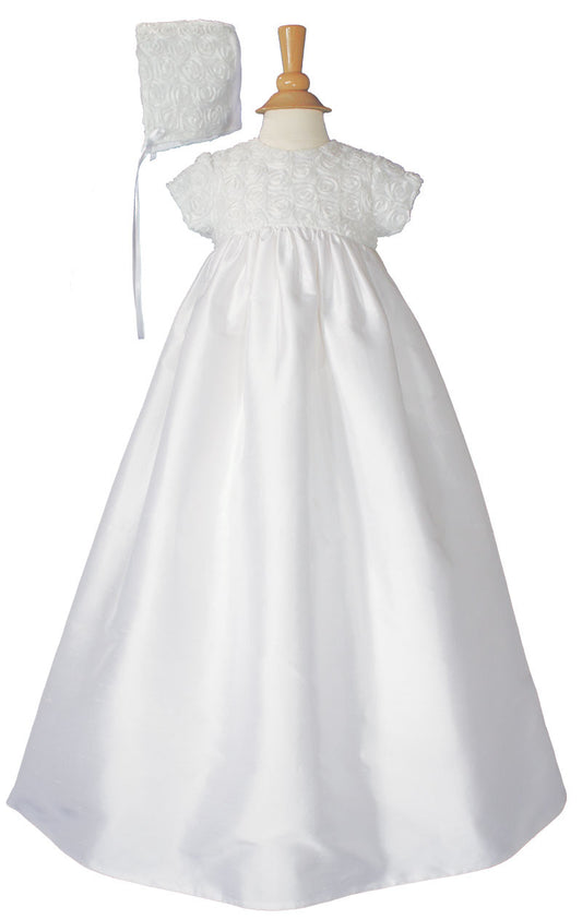 Girls 32 inch Cotton Sateen Christening Gown with Rosette Covered Bodice  LTML-CS56GS