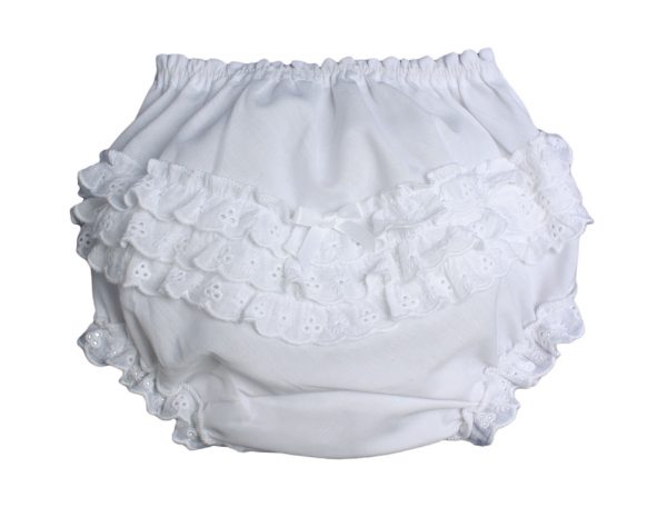 Baby Girls White Elastic Bloomer Diaper Cover with Embroidered Eyelet Edging - LTMAL-PCDC1W