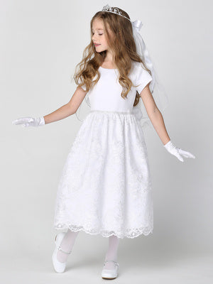 Satin and Corded Embroidered Tulle First Communion Dress with Sequins - SP195