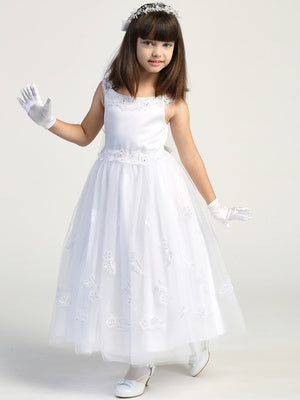 Satin & Glitter Tulle First Communion Dress with Embroidered Appliques - SP711