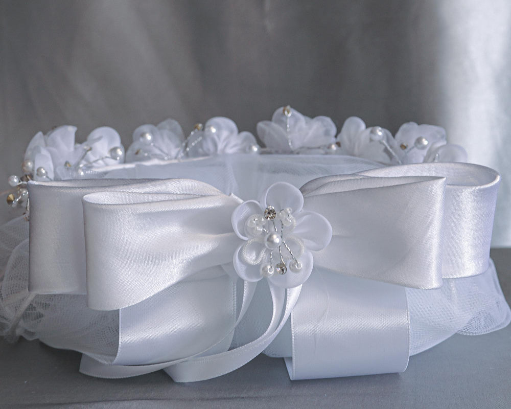 Organza Flower First Communion Headpiece with Rhinestone & Pearls T-441