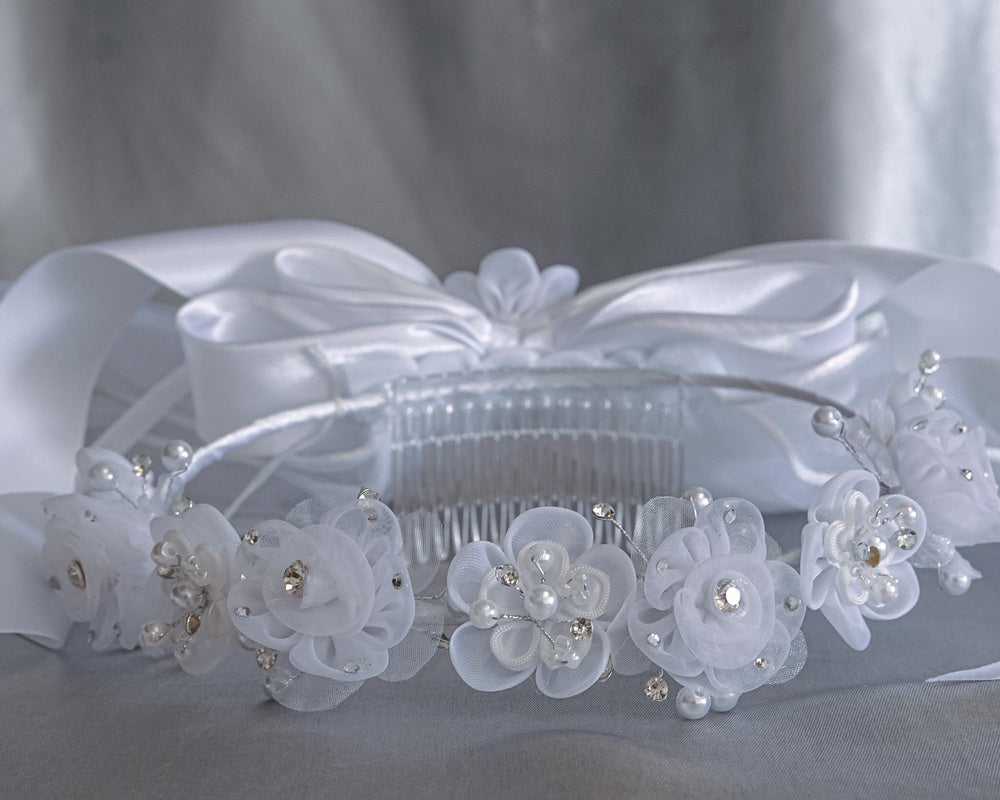 Organza Flower First Communion Headpiece with Rhinestone & Pearls T-441