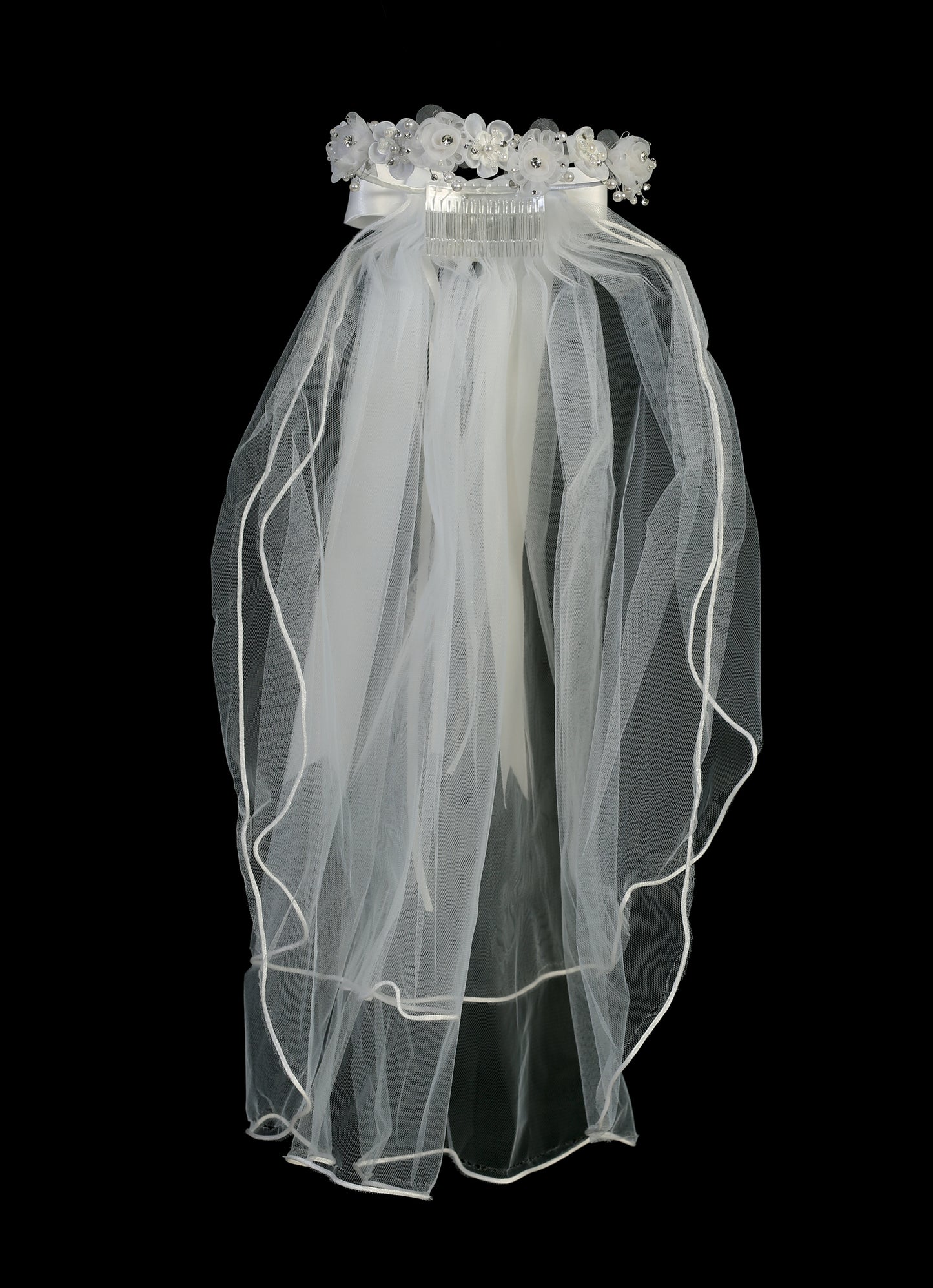 Organza Flower First Communion Headpiece with Rhinestone & Pearls T-441