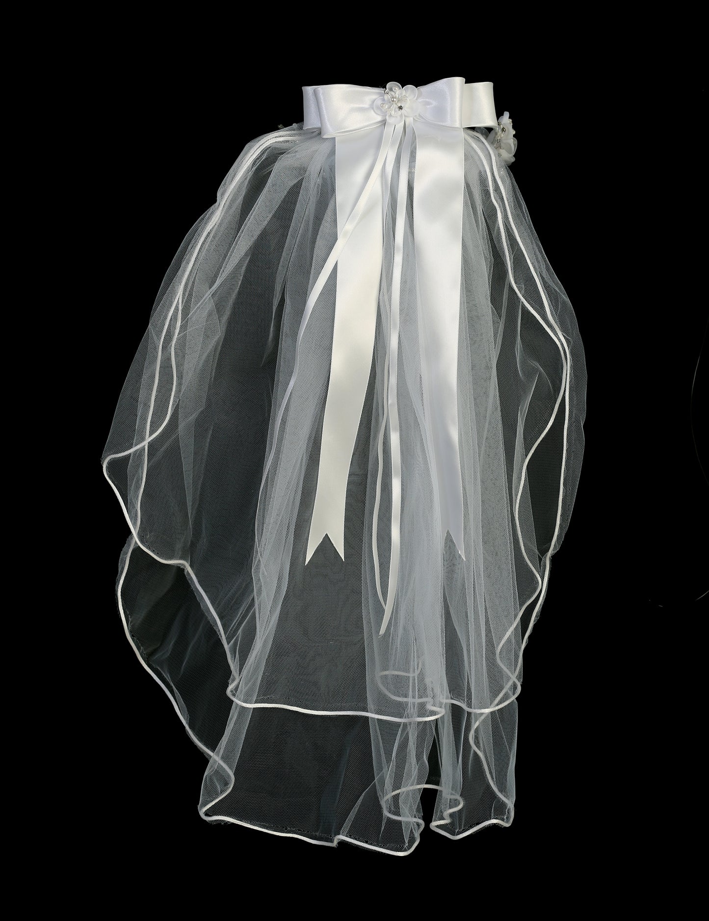 Organza Flower First Communion Headpiece with Rhinestone & Pearls T-441