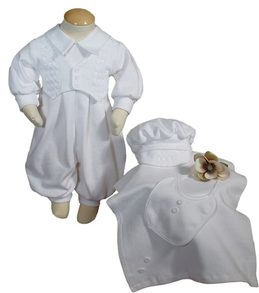 Boys White Long Sleeve Cotton Interlock Preemie Christening 4pc Set - LTML-WF235P