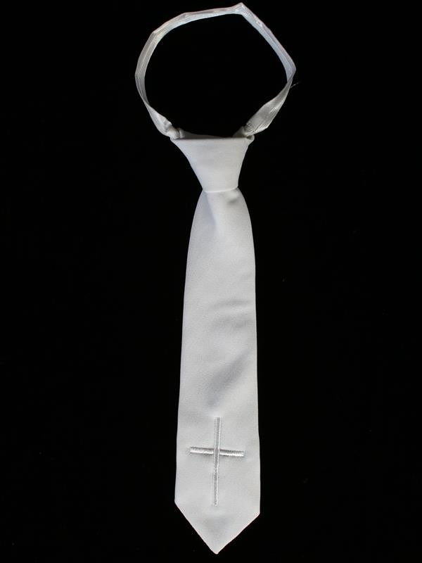 White Zipper Tie with Embroidered Cross on bottom - LT-EM1