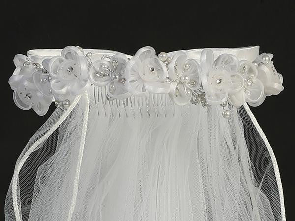Organza Flower Veil with Rhinestone & Pearl Accents T-66