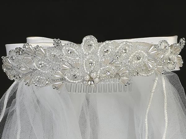 Beaded First Communion Veil with Rhinestone T-421
