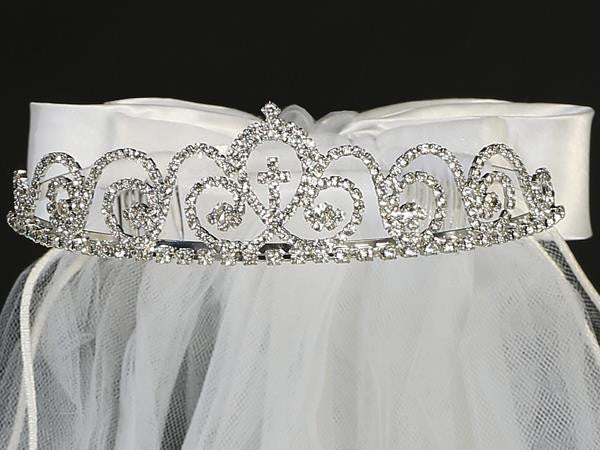 Rhinestone First Communion Tiara with Attached Cross T-425