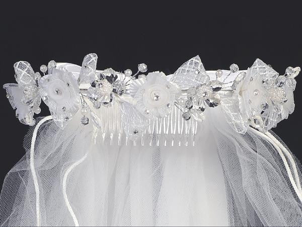 First Communion Veil with Crystal Flowers & Satin Bows T-426