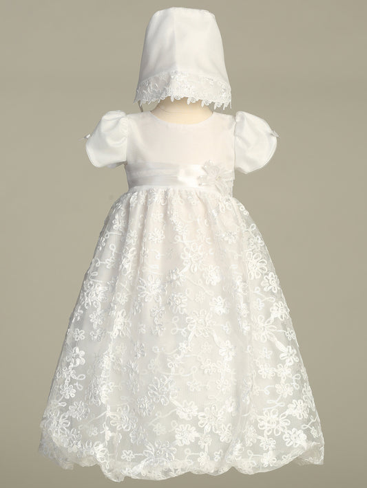 Amber Embroidered Satin Ribbon Tulle Christening Gown